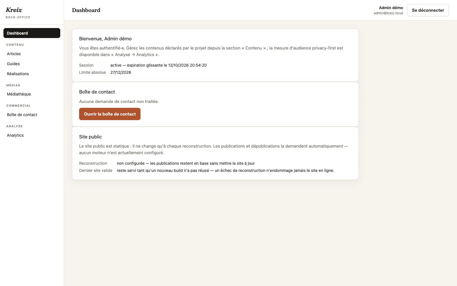 Le back-office Kreiz : dashboard, contenus, médiathèque, formulaires et analytics.